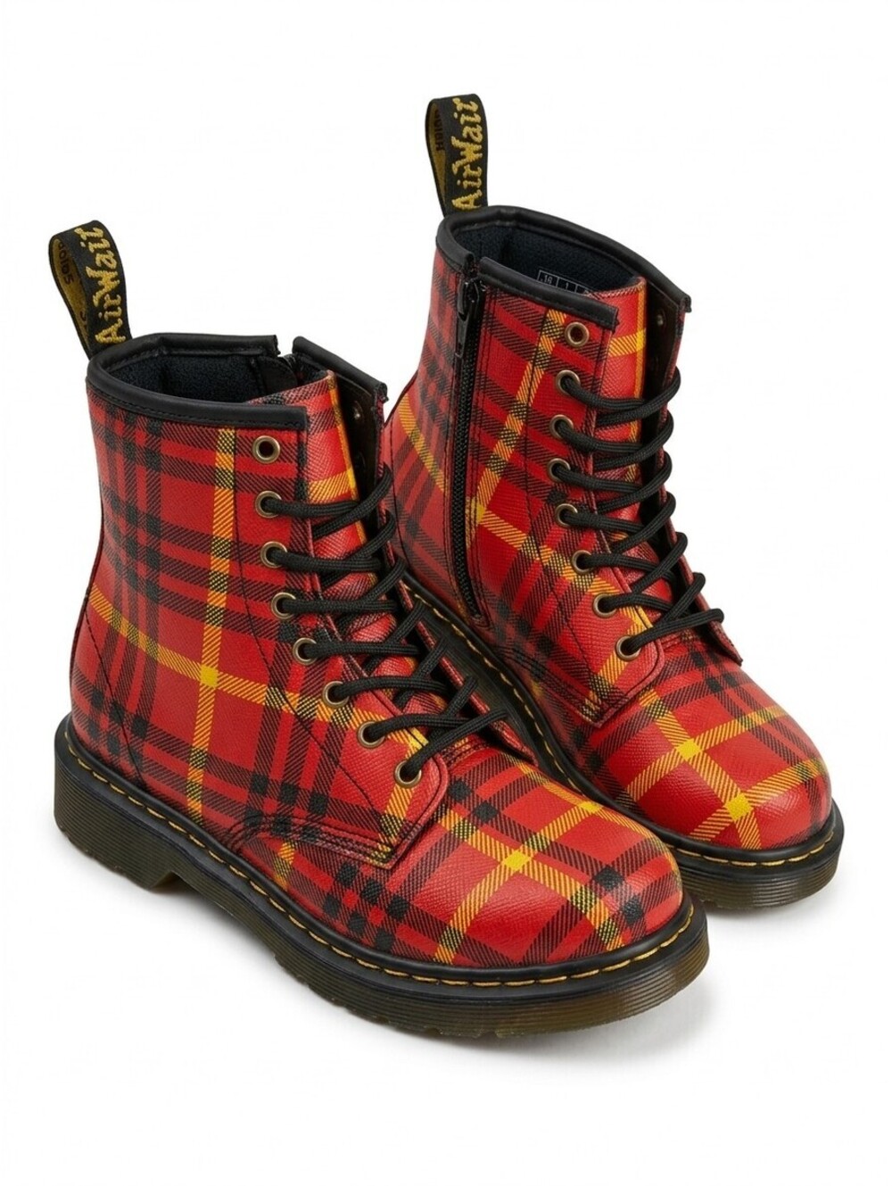 Dr Martens 1460 Tartan Plaid Boots Kids Size 1 Red Black Yellow Side Zip Lace VG